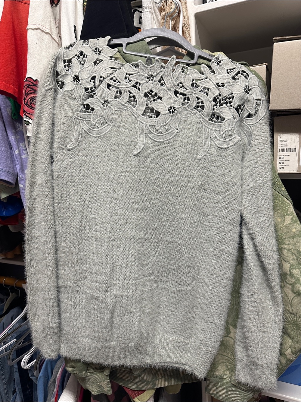 Vici Light Gray Lace Yoke Crew Neck Sweater - Picture 3 of 8